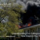 Picture of a line of neighbouring houses, one on fire and some firefighters putting the fire out