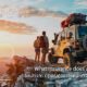 Three hikers with backpacks beside a 4x4 on a rocky mountain ridge at sunset, representing adventure tourism insurance on the Garden Route
